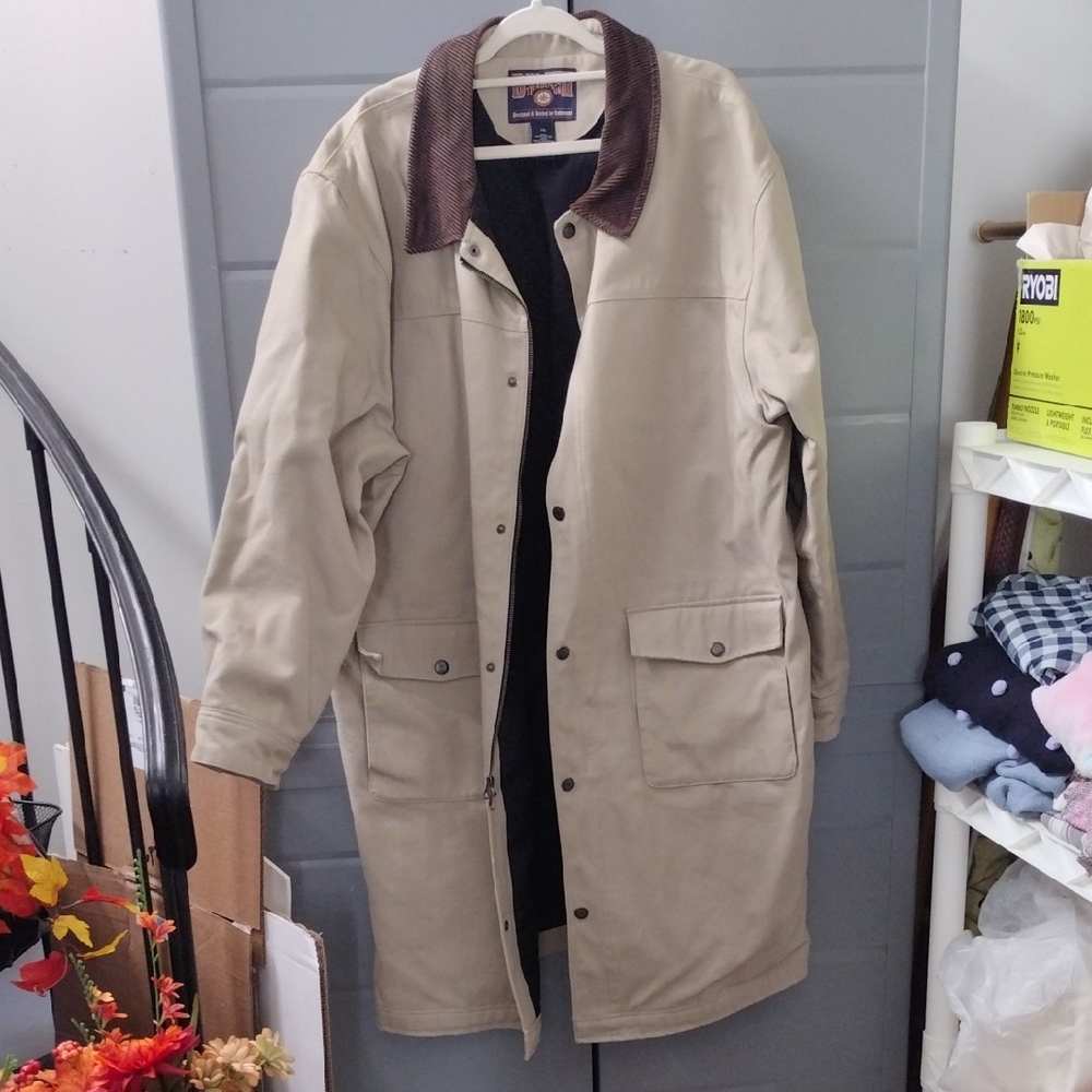Duluth Trading Co Beige Trench Coat with Brown Corduroy Collar